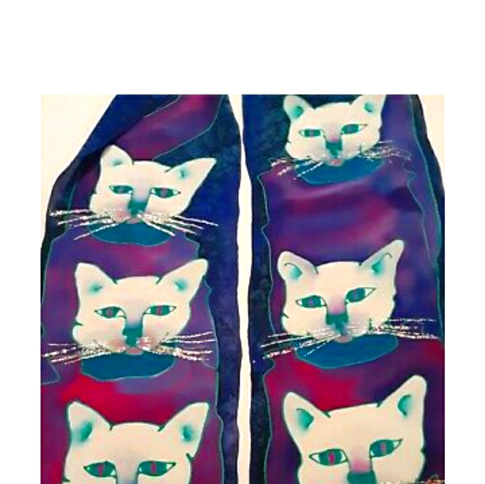 Silk Cat,Kitty Hand Painted Artist Signed Scarf